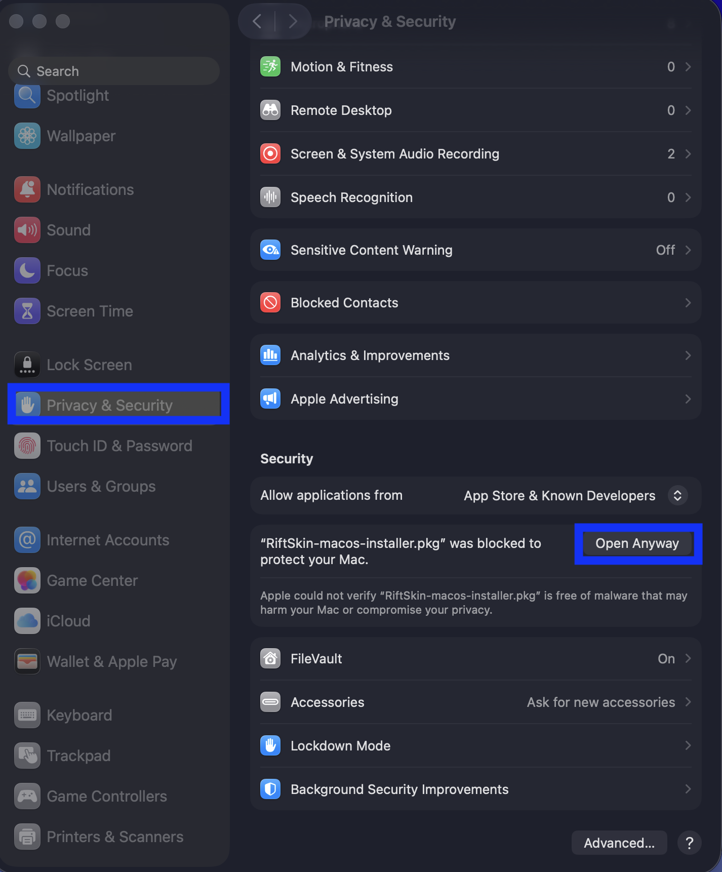 macOS security settings showing Open Anyway for RiftSkin
