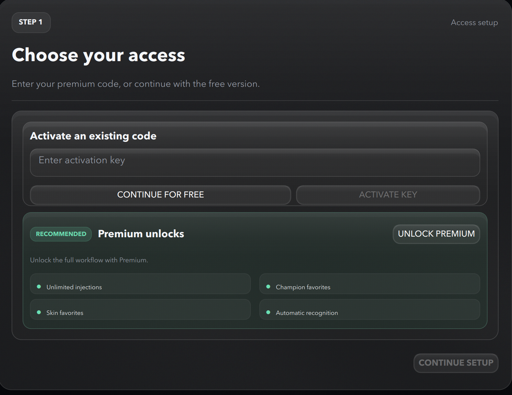 RiftSkin onboarding screen with premium activation field