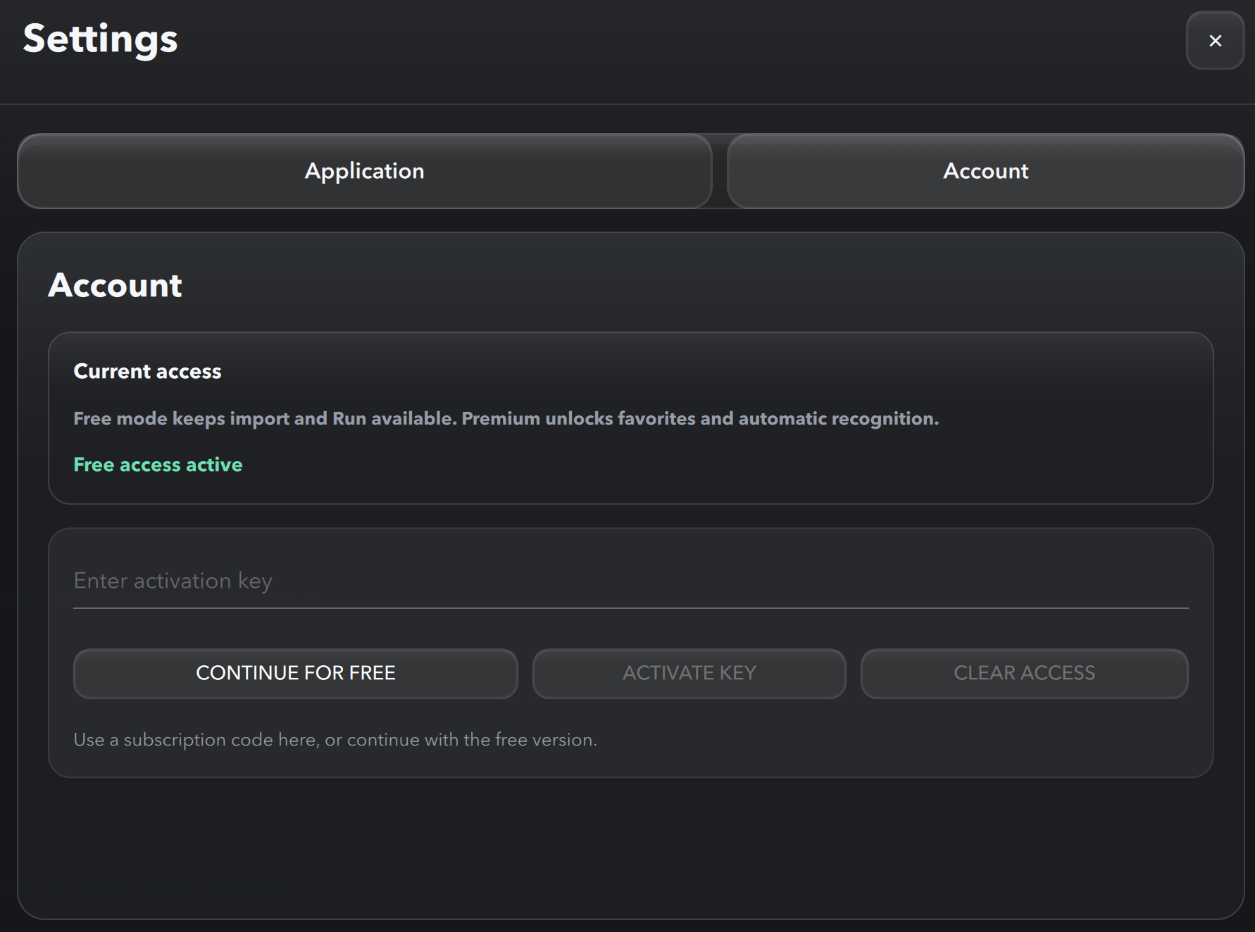 RiftSkin settings account tab with premium activation field